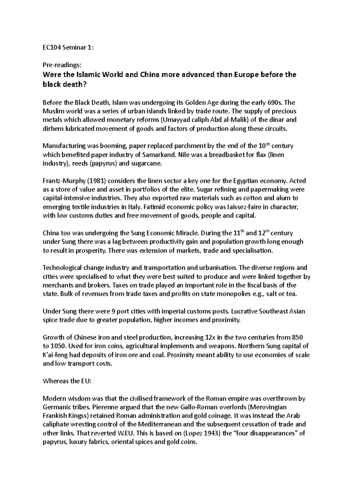 EC104 Seminar 1 - These are notes for term 1 for World History Module ...