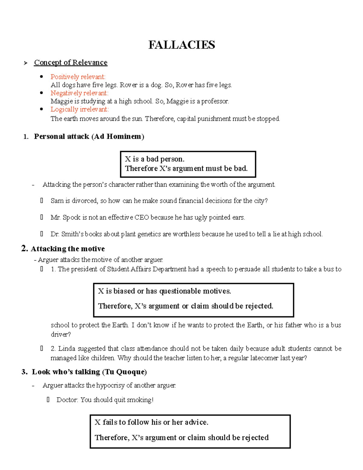 Critical-Thinking Summary Final - FALLACIES Concept Of Relevance ...