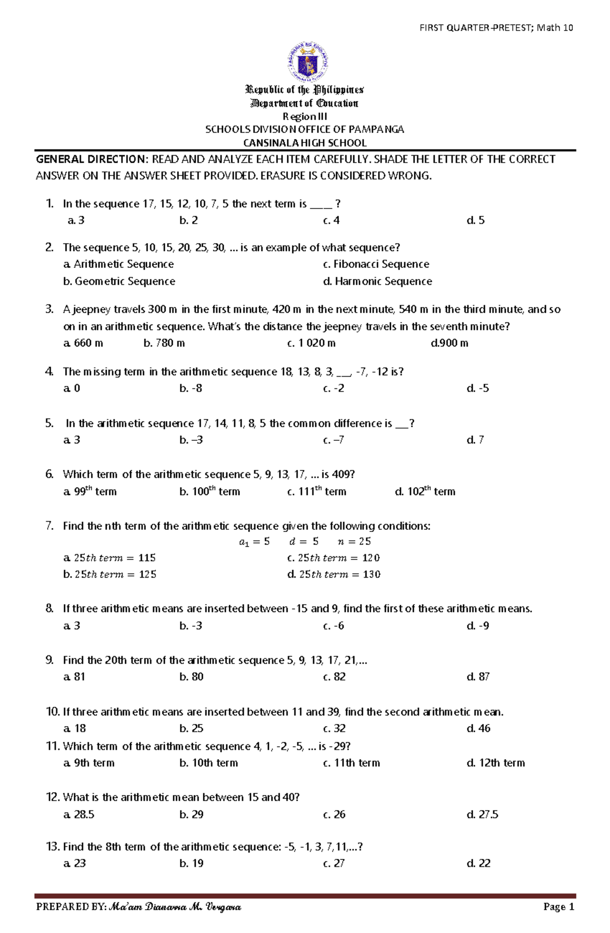 MATH 10 - First LONG TEST-PRE TEST - FIRST QUARTER-PRETEST; Math 10 ...