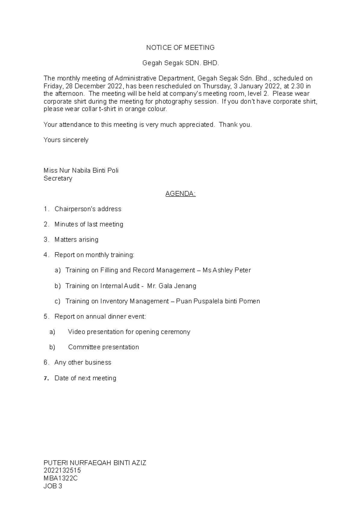 Notice OF Meeting JOB 3 OBM202 NOTICE OF MEETING Gegah Segak SDN