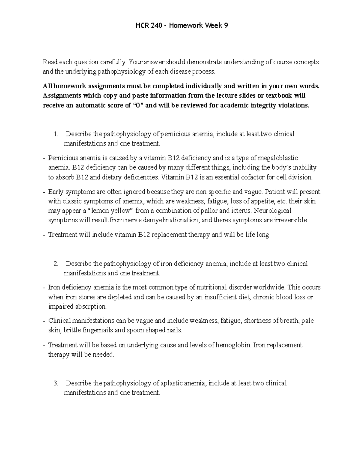 HCR 240 Homework Week 9 - Read each question carefully. Your answer ...