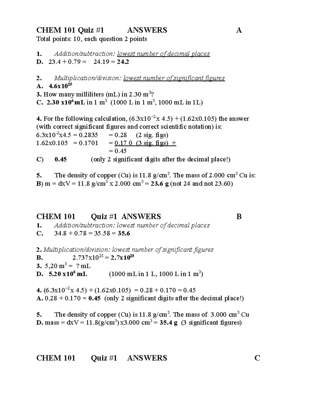 Q1 Answers - chemistry chapter 1 practice materials - CHEM 101 Quiz #1 ...