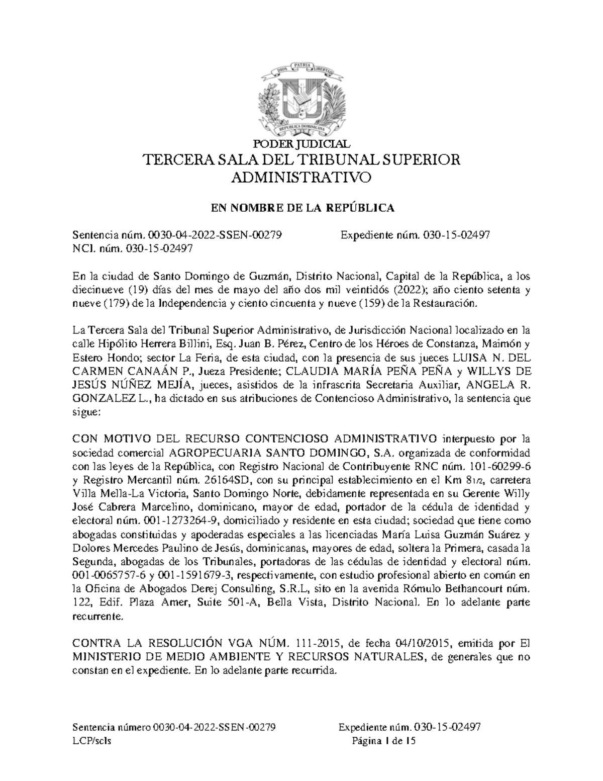 Sentencia núm. 0030-04-2022-SSEN-00279 RCA Agropecuaria Santo Domingo