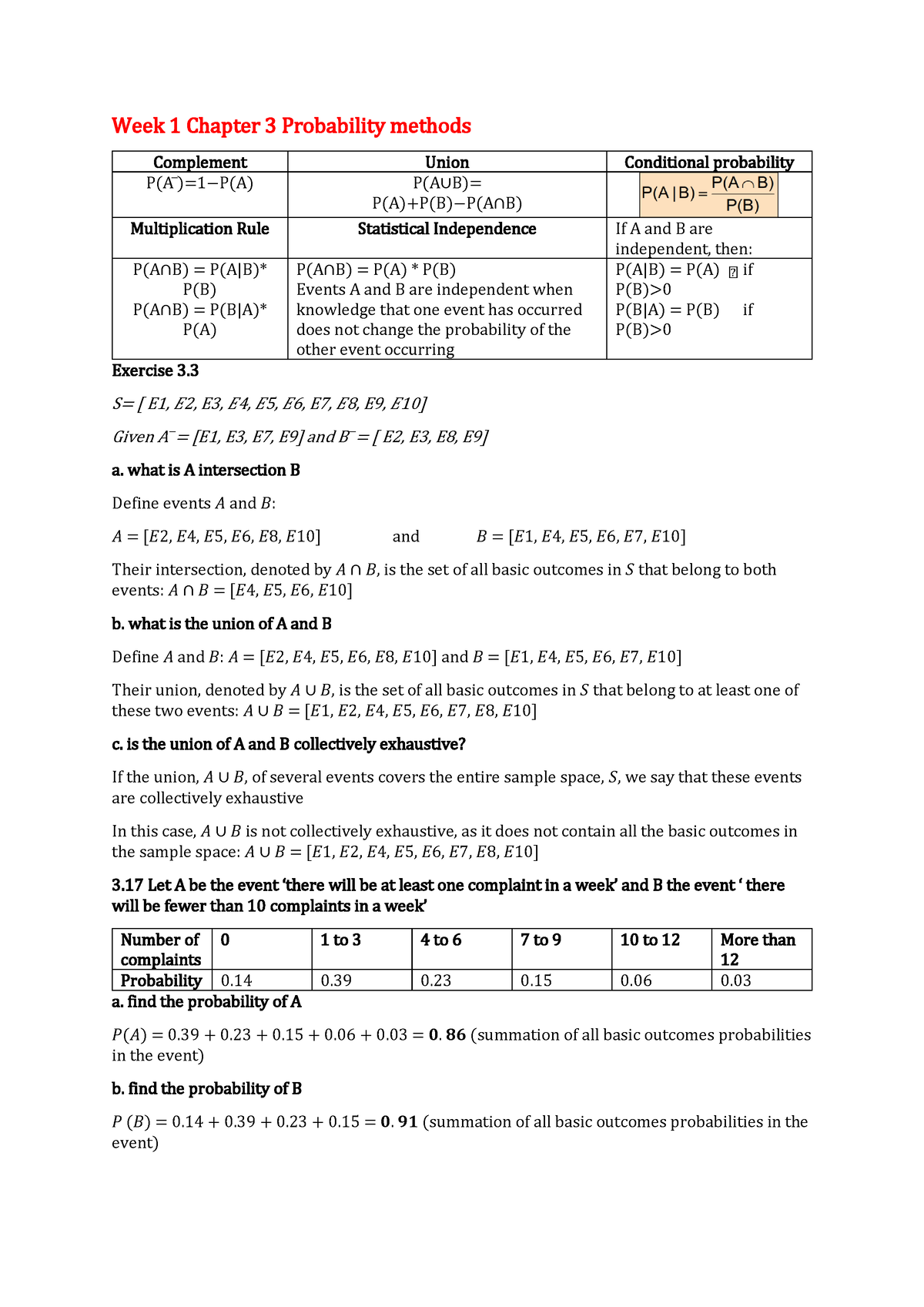 Statistics Midterm Summary (grade:8.6) - Week 1 Chapter 3 Probability Methods Complement Union ...