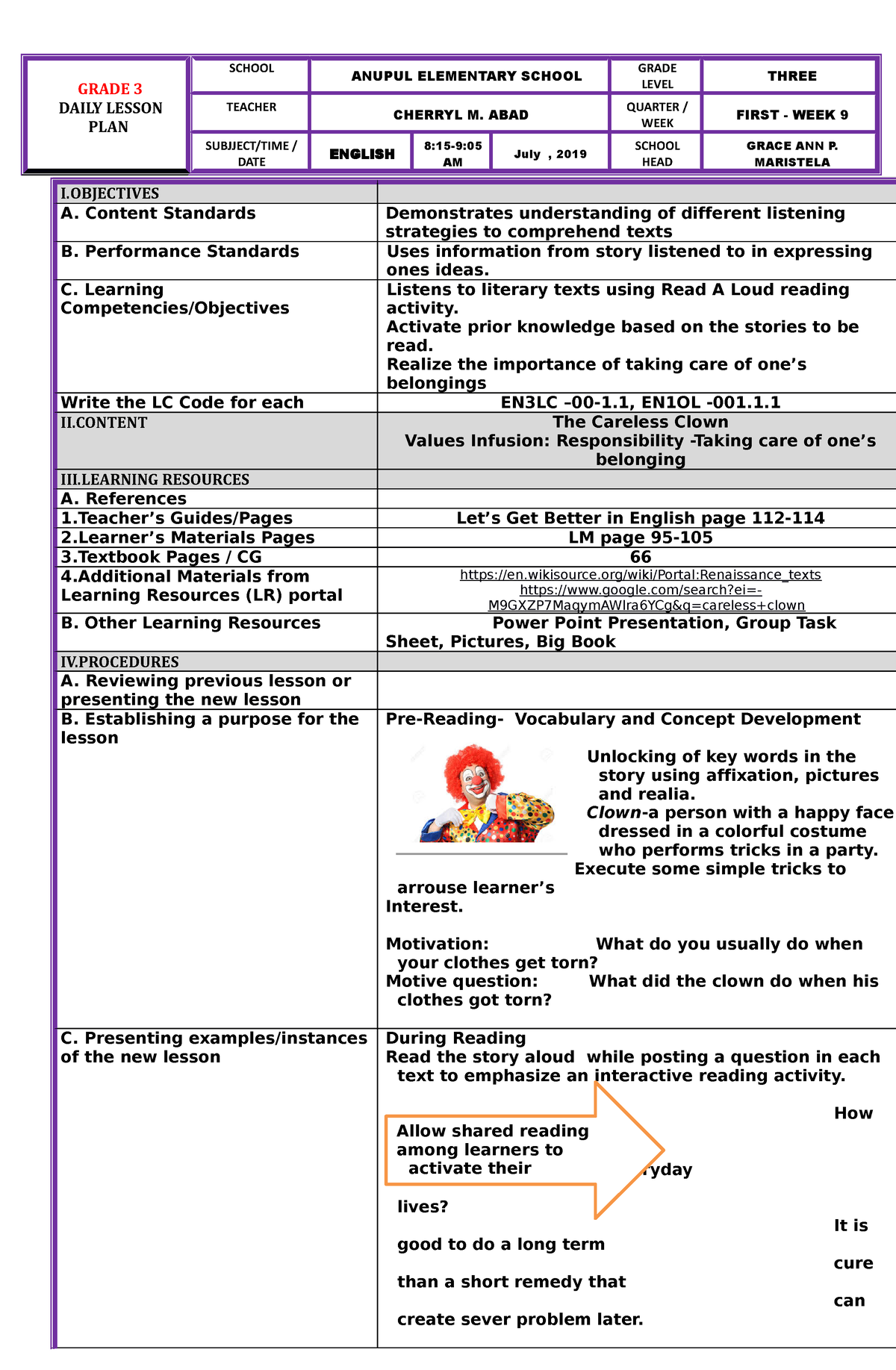 Cot 1st qtr - Che English 3 - GRADE 3 DAILY LESSON PLAN SCHOOL ANUPUL ...