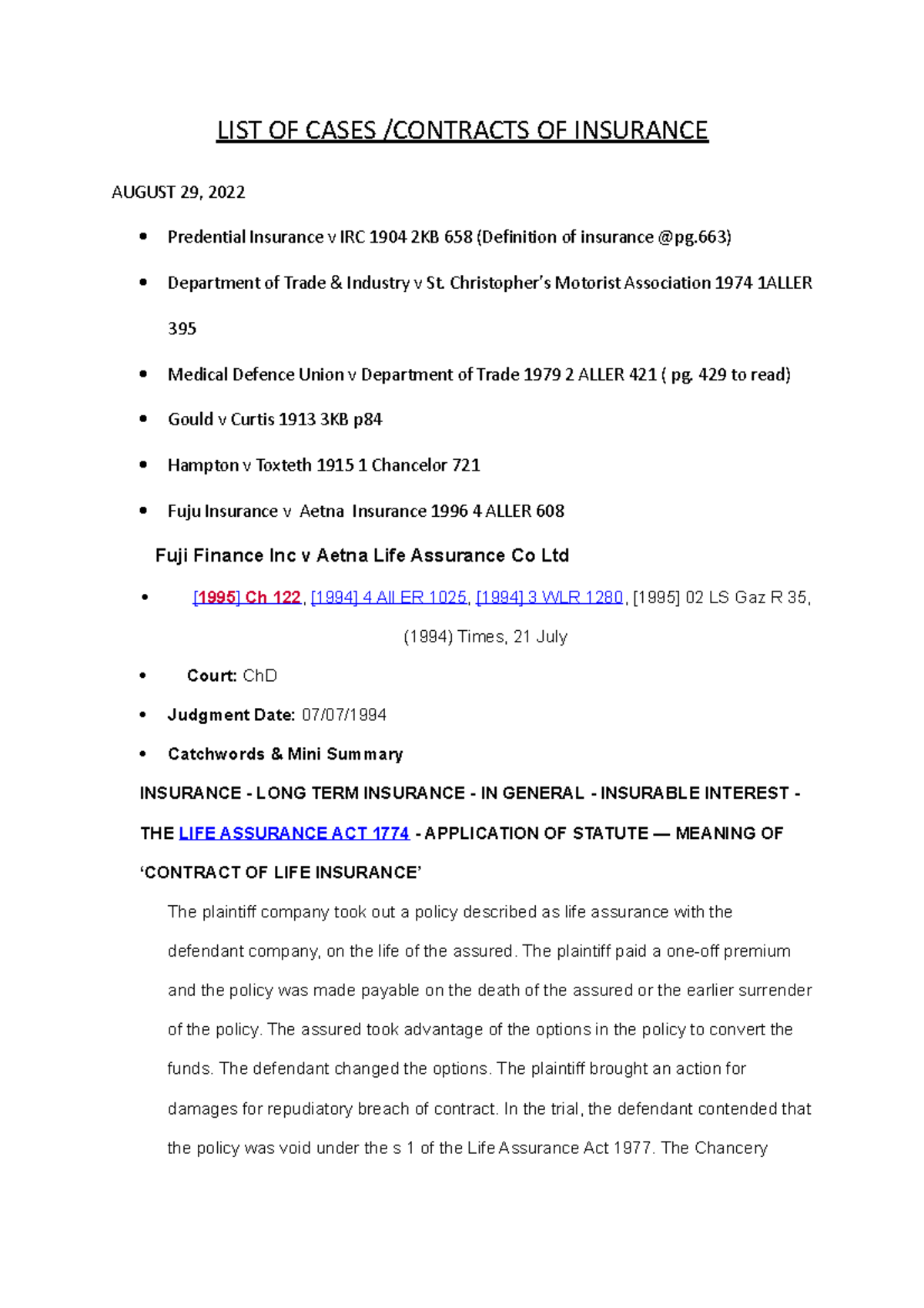 Cases FOR Insurance AND Indemnity - AUG 2022 - LIST OF CASES /CONTRACTS ...