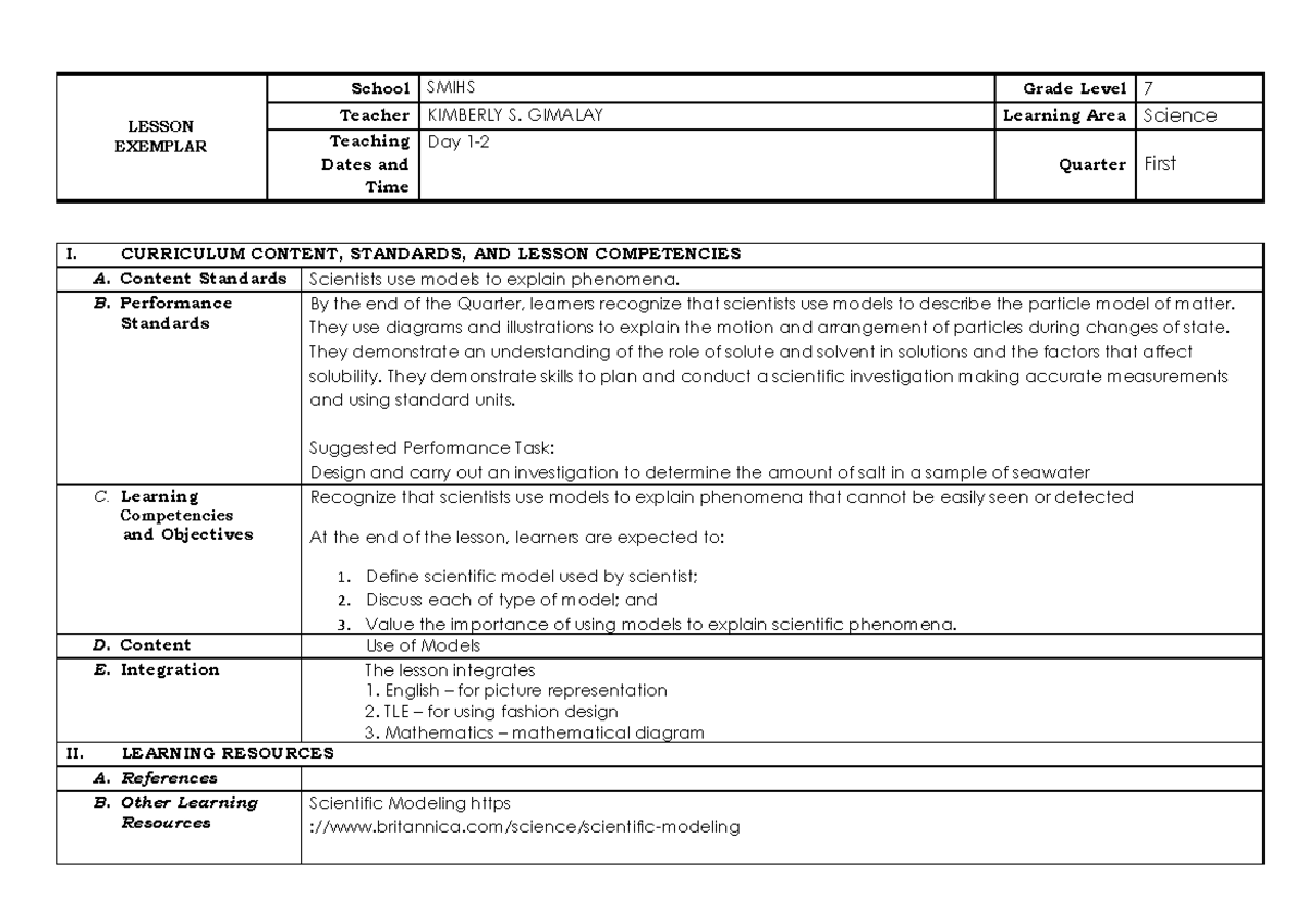 LC-1- Science 7- Matatag LE - LESSON EXEMPLAR School SMIHS Grade Level ...