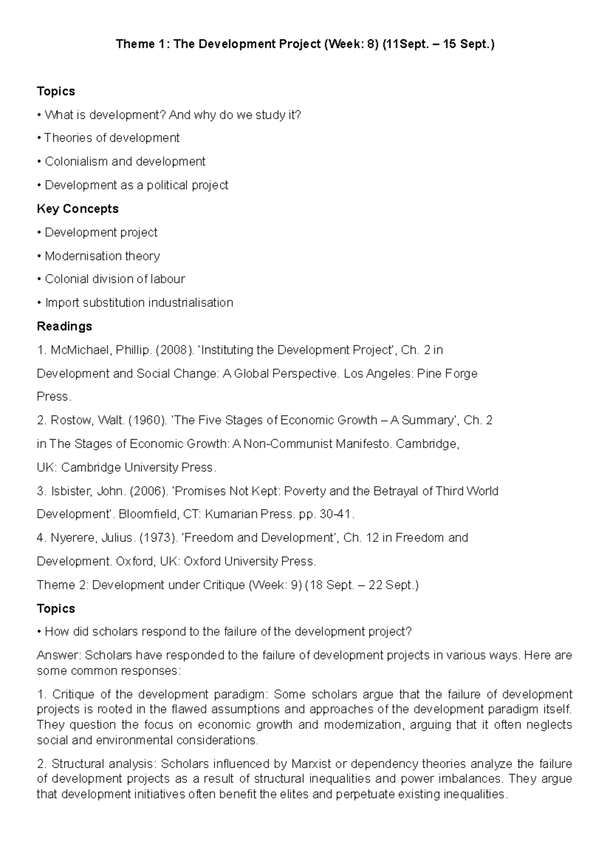 Tutorials with Answers - Theme 1: The Development Project (Week: 8 ...