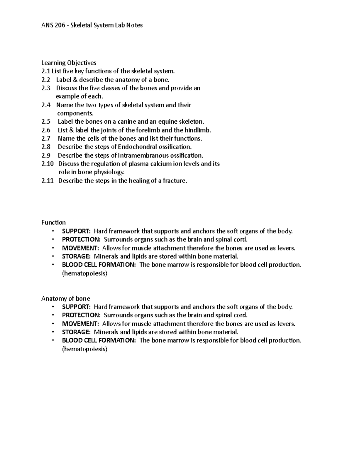 ANS 206 - Skeletal System Lab Notes - Learning Objectives 2 List five ...