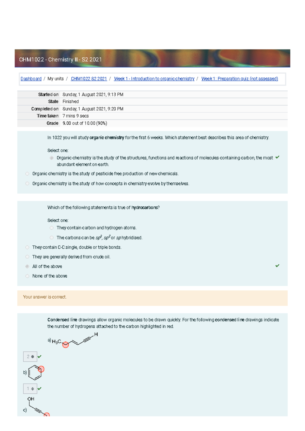 Week 1 Preparation quiz Attempt review - Dashboard/My units/ CHM1022 S2 ...