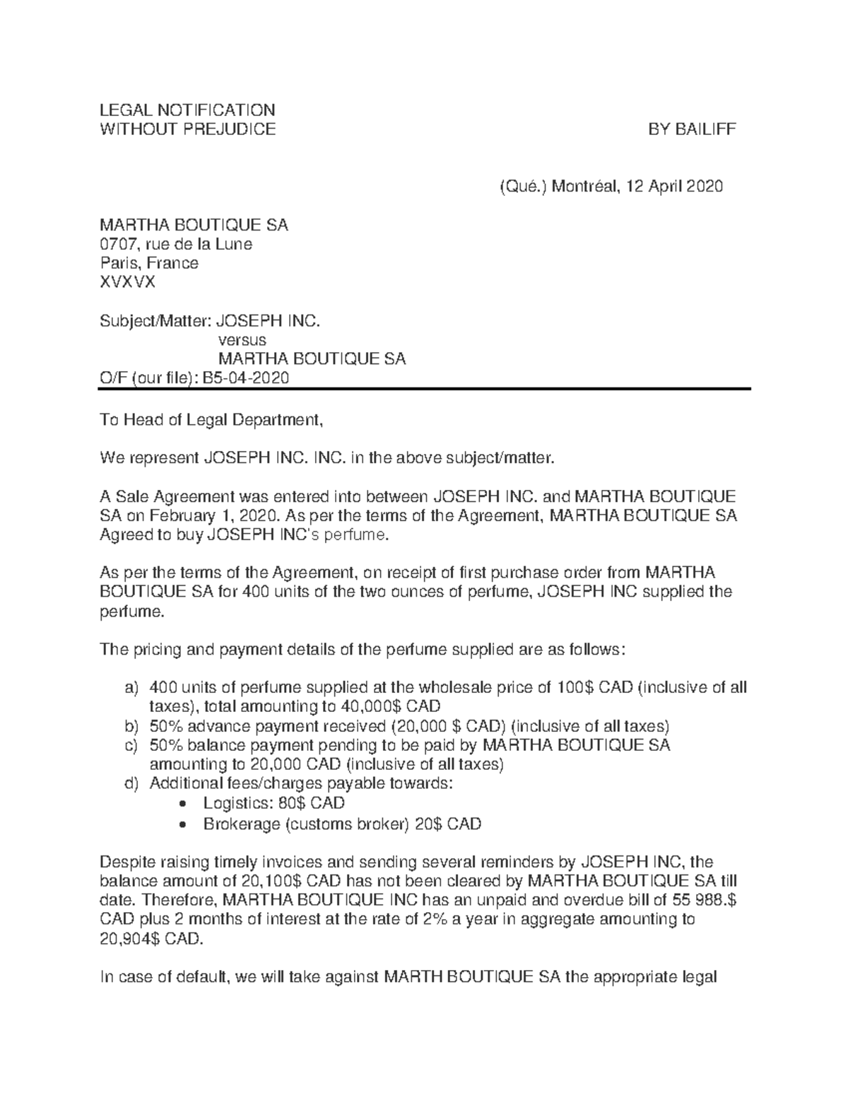 Legal Notification - LEGAL NOTIFICATION WITHOUT PREJUDICE BY BAILIFF ...