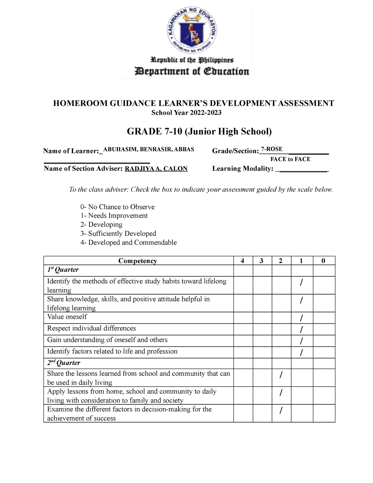 Homeroom Guidance Learner’S Development Assessment (Junior H IGH School ...