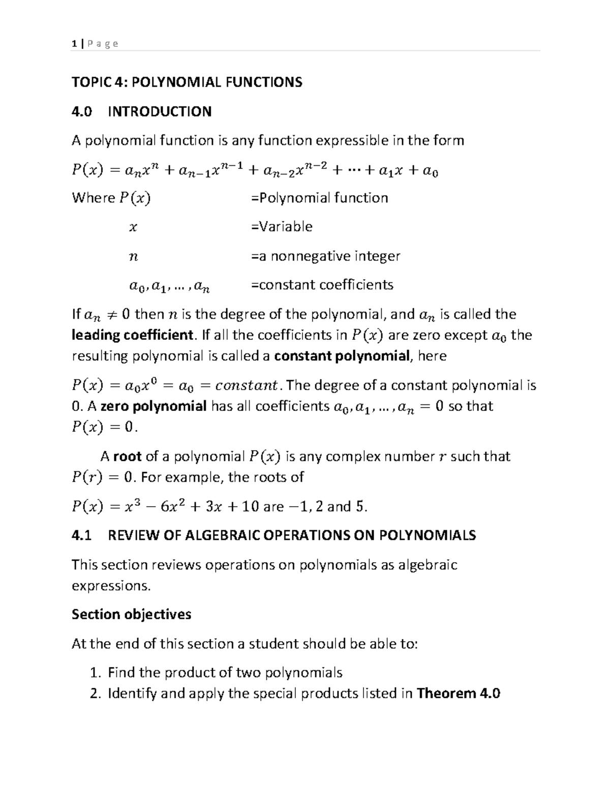 Mat 111 Week 5 And 6 Lecture Notes On Polynomial Functions Topic 4