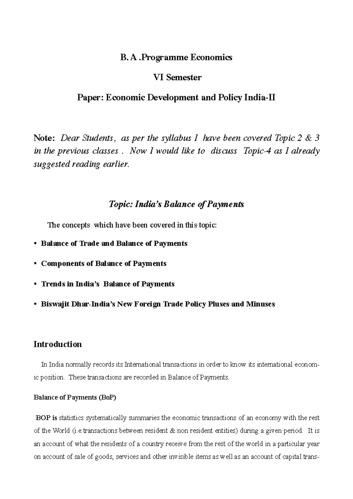B A Prog Economics VIth Semeter Economic Development Policy in India II ...