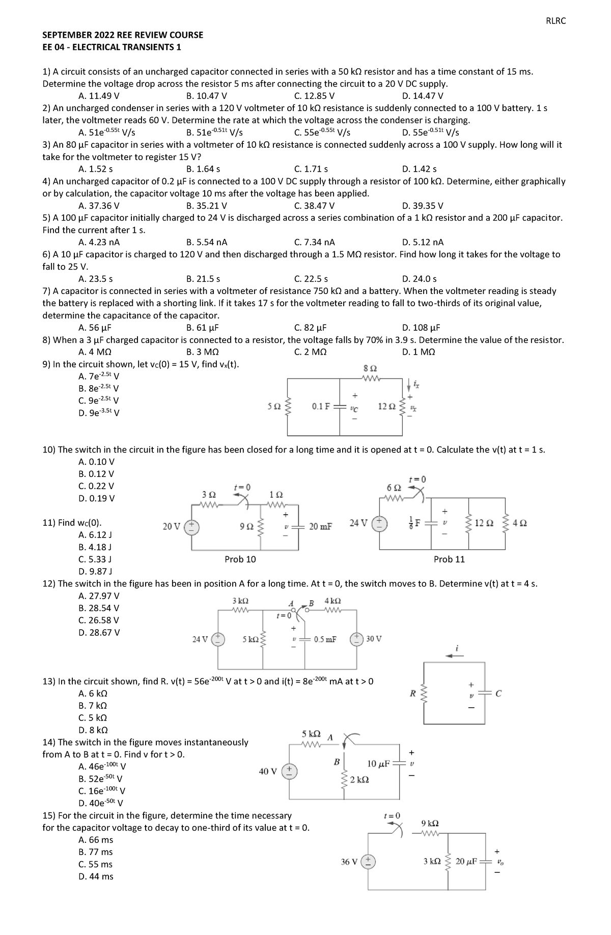 EE 04 Problem Set Without Answer - SEPTEMBER 2022 REE REVIEW COURSE EE ...