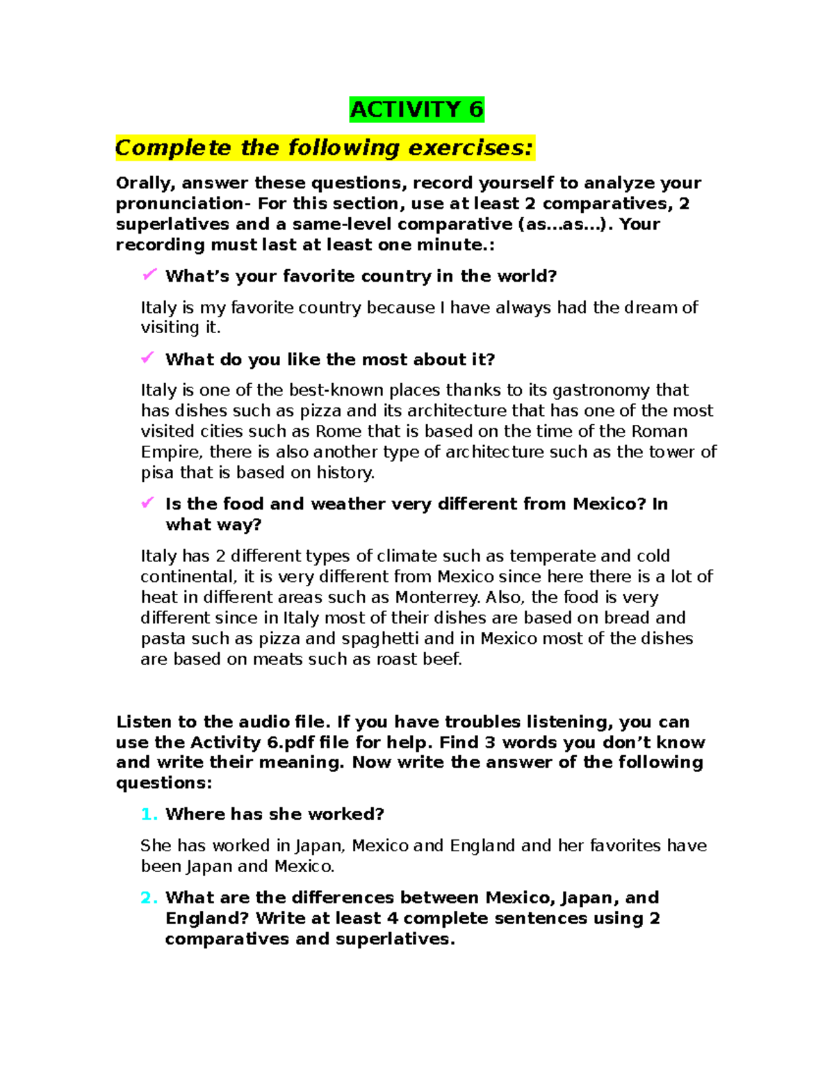 Activity 6 ingles 2 universidad tecmilenio año - ACTIVITY 6 Complete ...