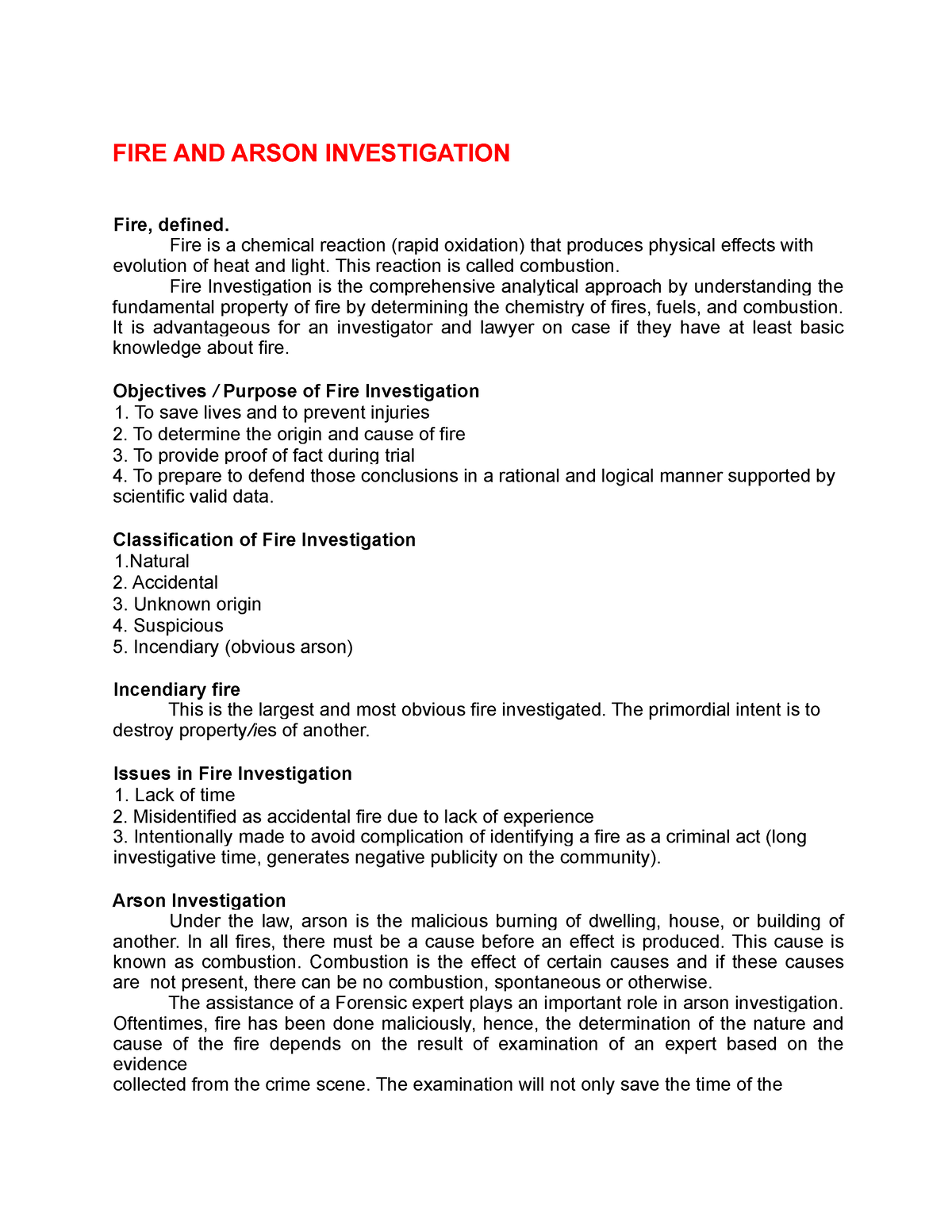 FIRE AND Arson Investigation - FIRE AND ARSON INVESTIGATION Fire ...