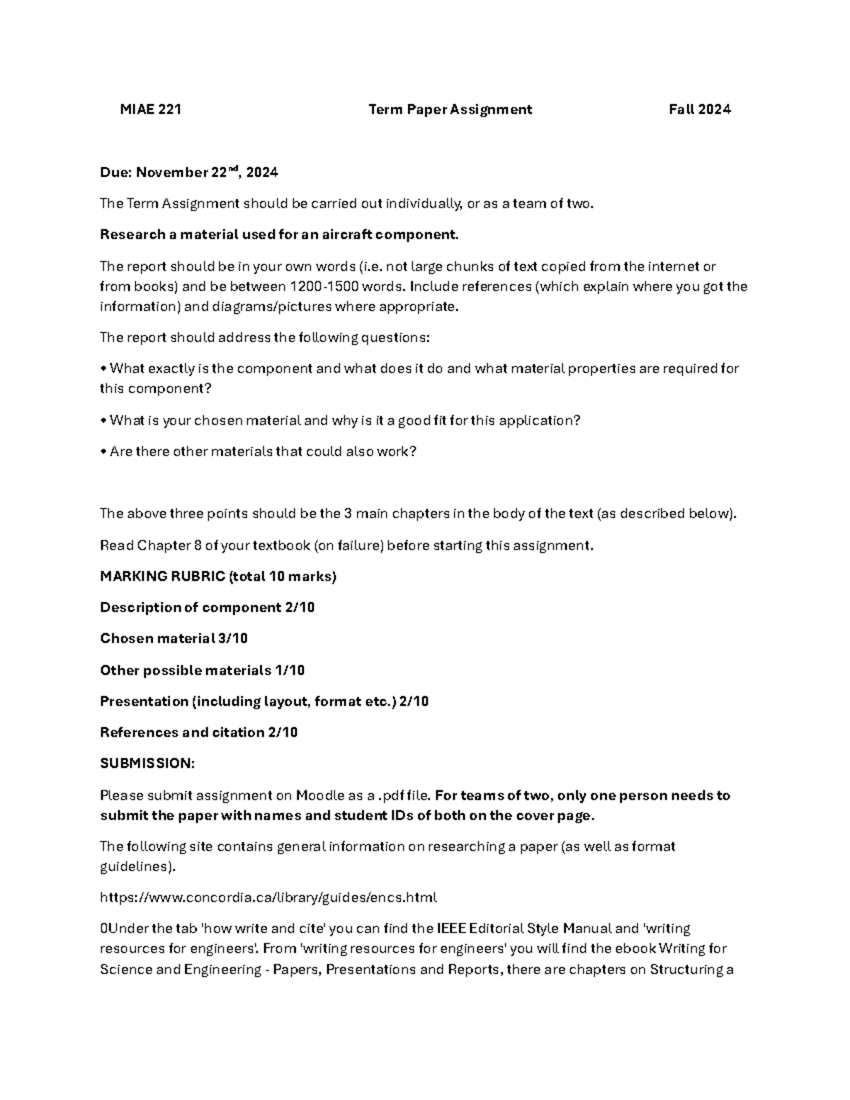 MIAE 221 Term Paper Assignment Fall 2024 - MIAE 221 Term Paper ...