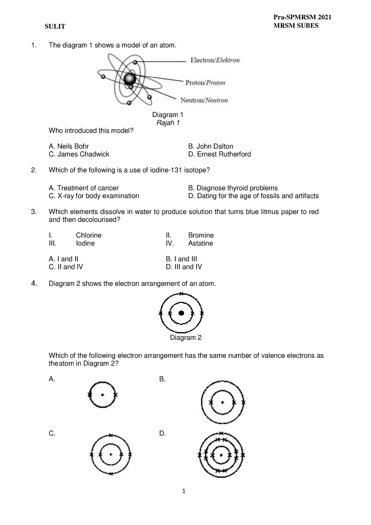 Paper 1 Pre Trial 21 - For Exercise - SULIT MRSM SUBES The diagram 1 ...