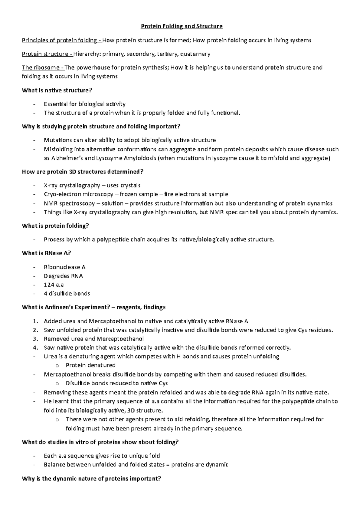 Bioc0008 Lecture 1 Protein Structure Energetics And Folding Self Test