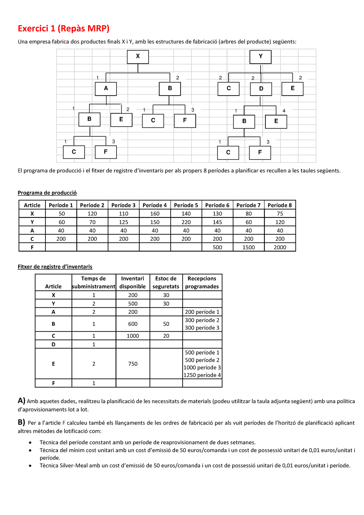 Ejercicio MRP-repaso 1 - Exercici 1 (Repàs MRP) Una Empresa Fabrica Dos ...