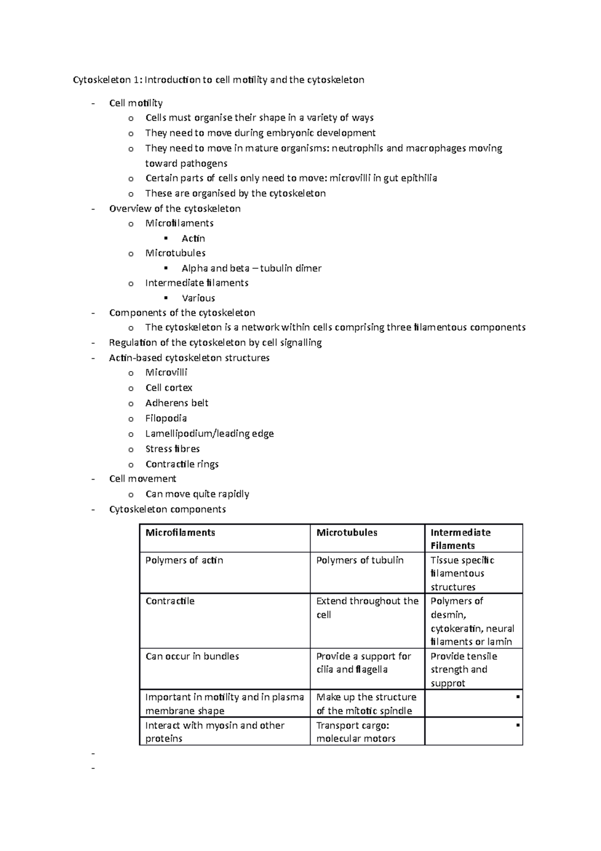 Cytoskeleton LN - Lecture Notes - Cytoskeleton 1: Introduction to cell ...