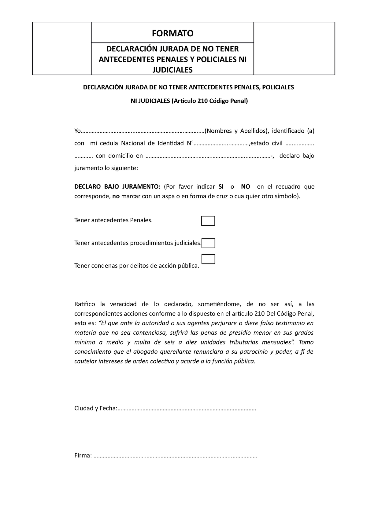 Modelo De Formato Declaración Jurada De No Tener Antecedentes Penalesdocx5 Formato 8974