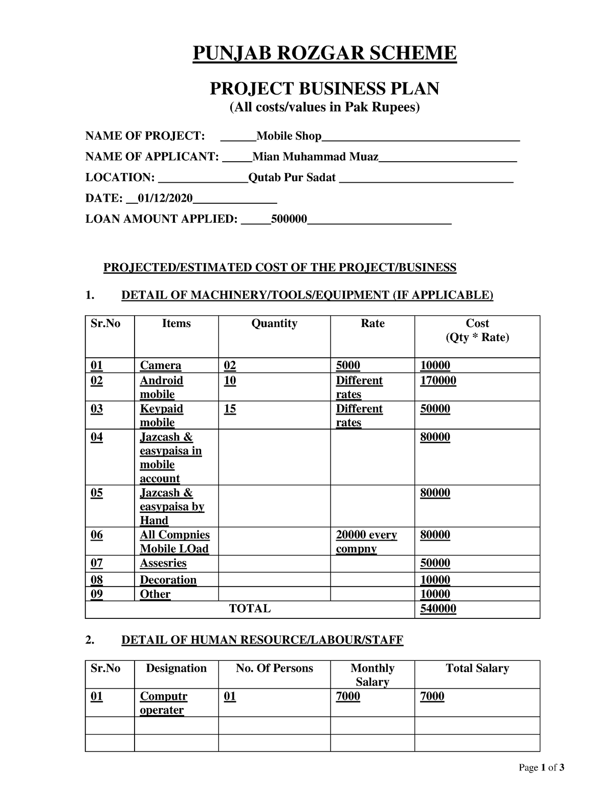 punjab rozgar scheme project business plan