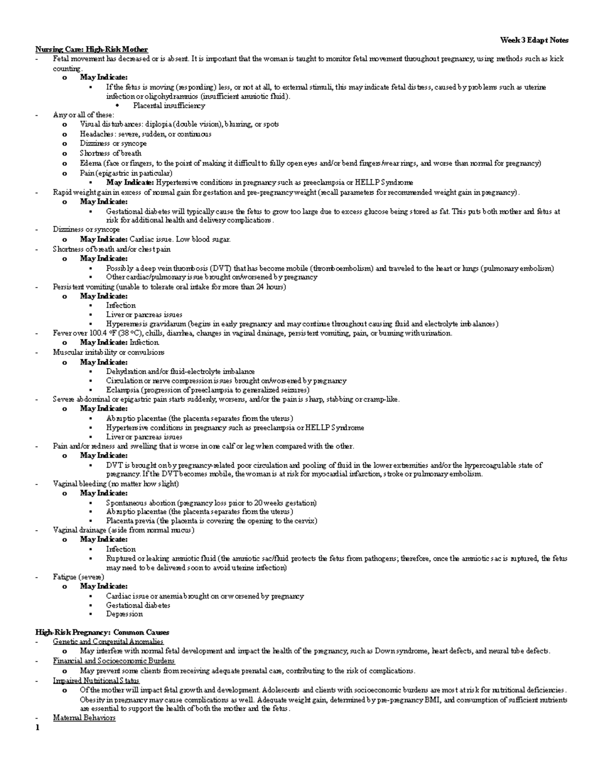 Week 3 Edapt Notes - Nursing Care: High-Risk Mother Fetal Movement Has ...