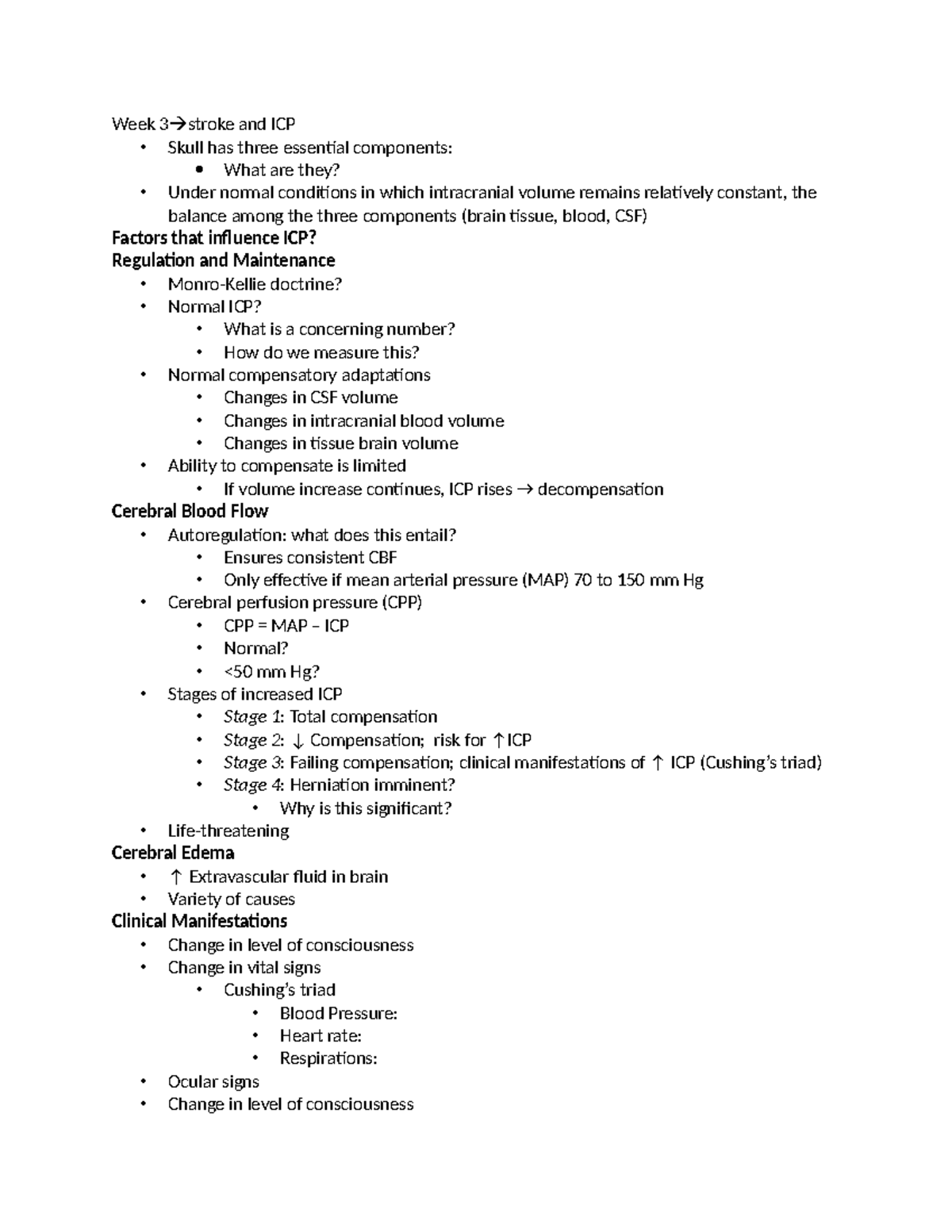 NUR 245 Week 3 notes student - Week 3 stroke and ICP - Skull has three ...