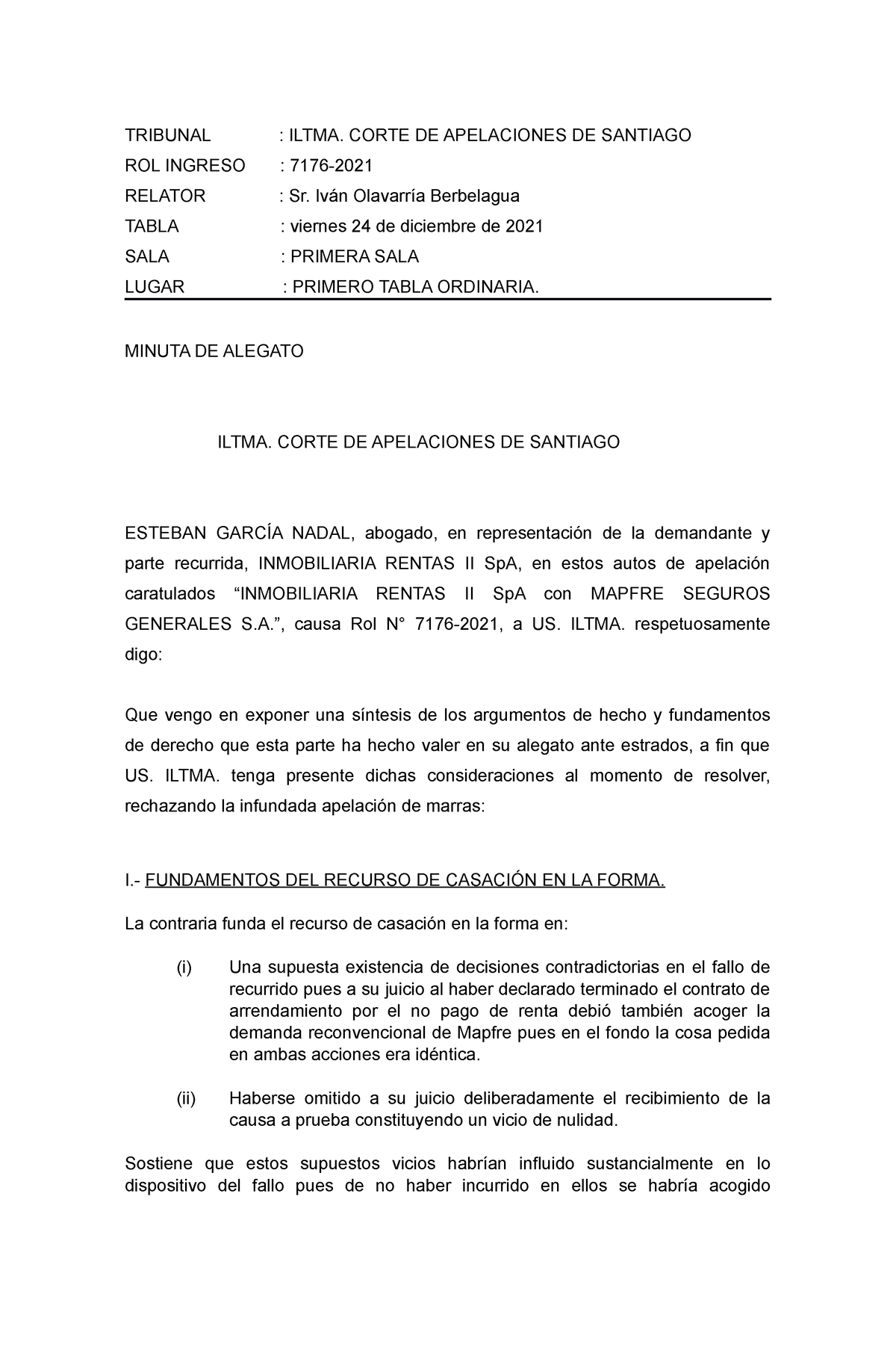 Minuta Alegato Corte De Apelaciones Tribunal Iltma Corte De Apelaciones De Santiago Rol 3966