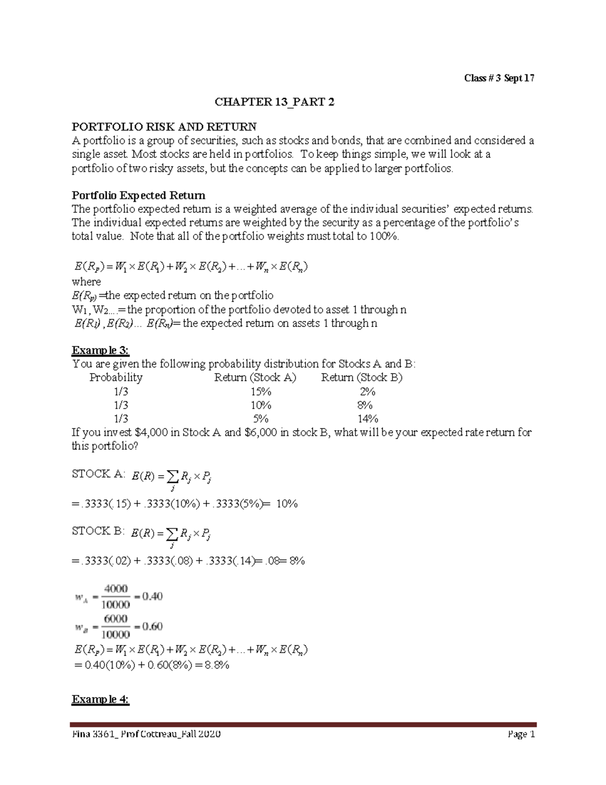 Class #3 Ch 13 Notes Part 2 with solutions - Class # 3 Sept 1 7 CHAPTER ...