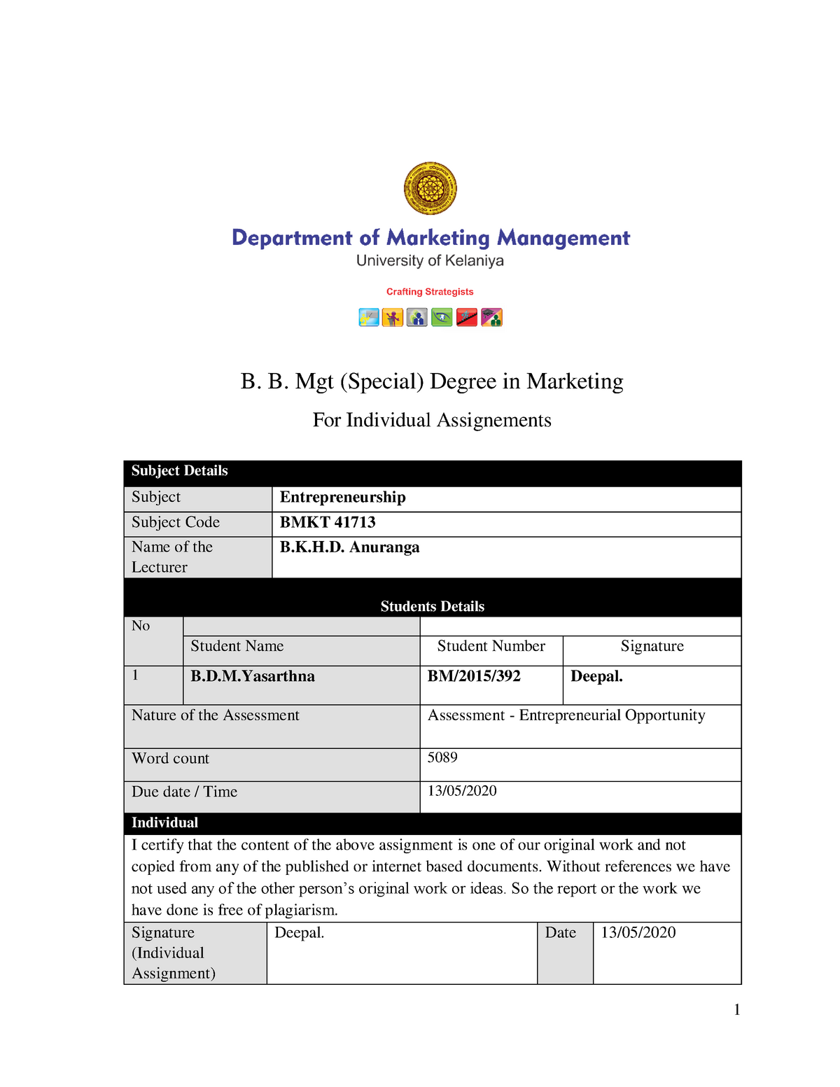 B.D.M. Yasarathna Entrepreneurship - B. B. Mgt (Special) Degree In ...