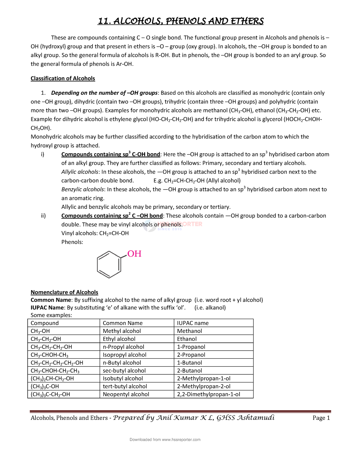 HSSRptr 11. Alcohols, Phenols And Ethers - Alcohols, Phenols And Ethers ...