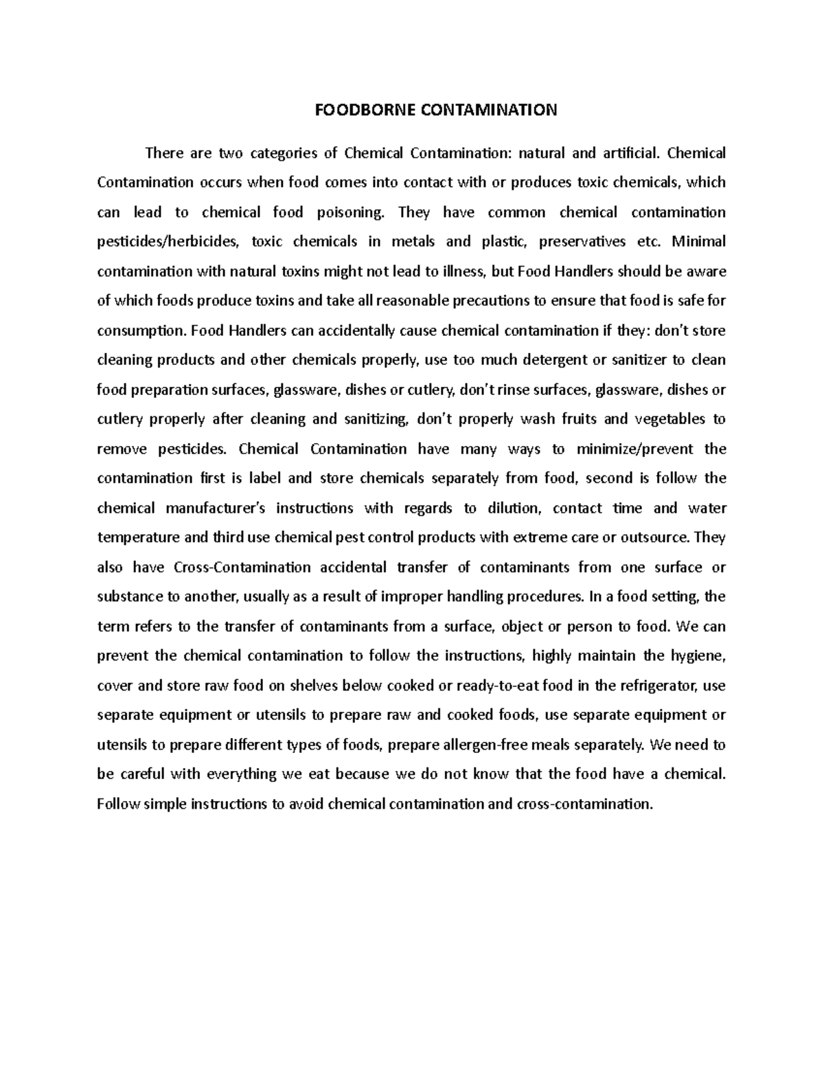 Foodborne Contamination - Risk Management - Studocu