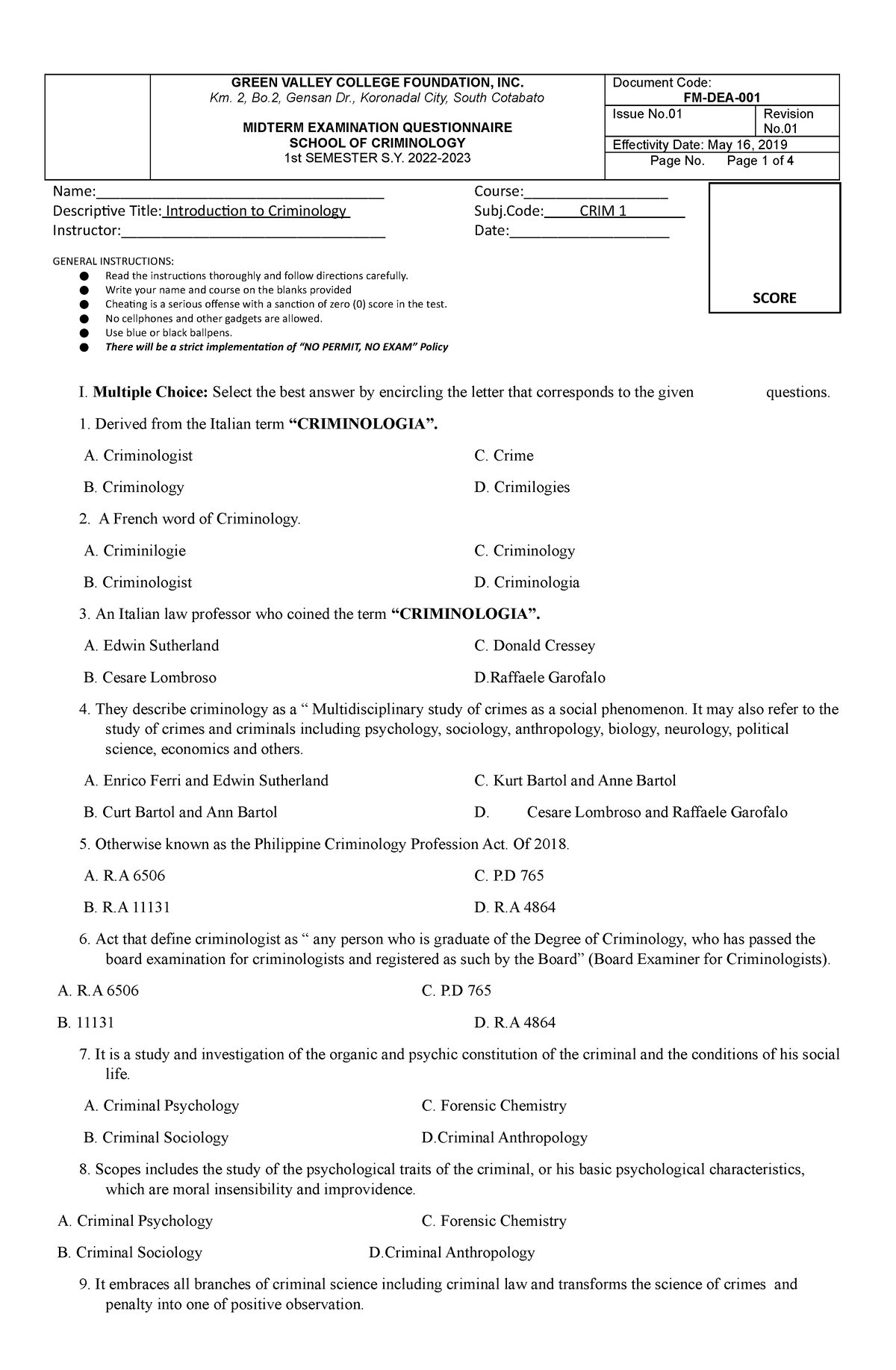 Agustin-EXAM - Studying - GREEN VALLEY COLLEGE FOUNDATION, INC. Km. 2 ...