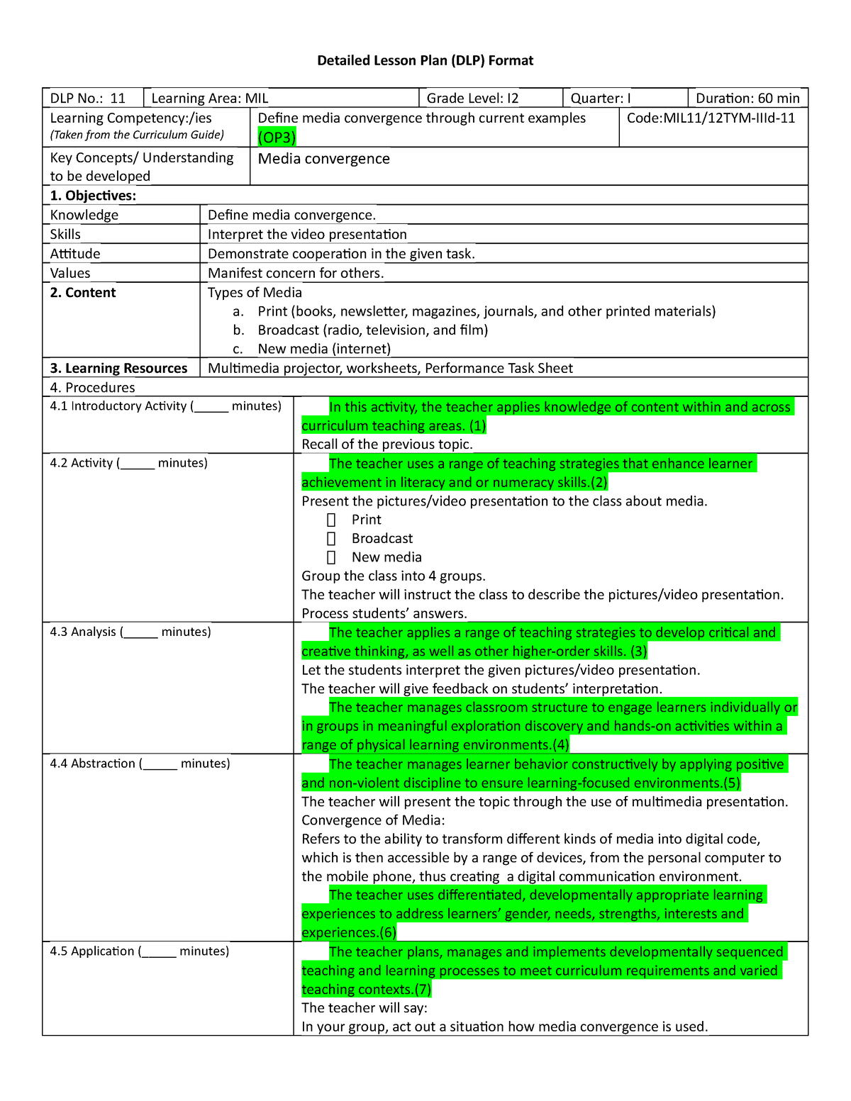 MILQ1 LC11 - Thank You. - Detailed Lesson Plan (DLP) Format DLP No.: 11 ...