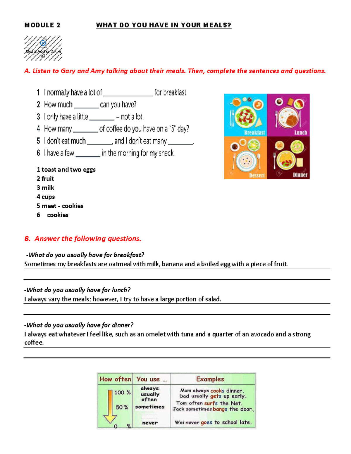 YOUR Meals listening homework - MODULE 2 WHAT DO YOU HAVE IN YOUR MEALS ...