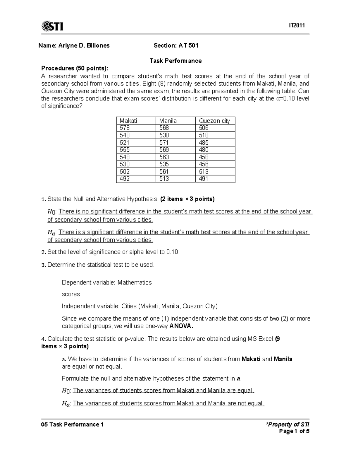 05 Task Performance 1 statistical analysis - 05 Task Performance 1 ...