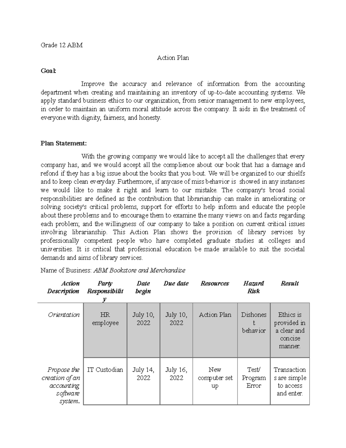 Action Plan - Grade 12 ABM Action Plan Goal: Improve the accuracy and ...