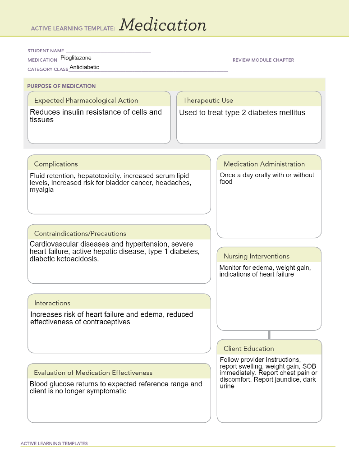 Pioglitazone Pharmacology Worksheet - NURSE 154 - OC - Studocu