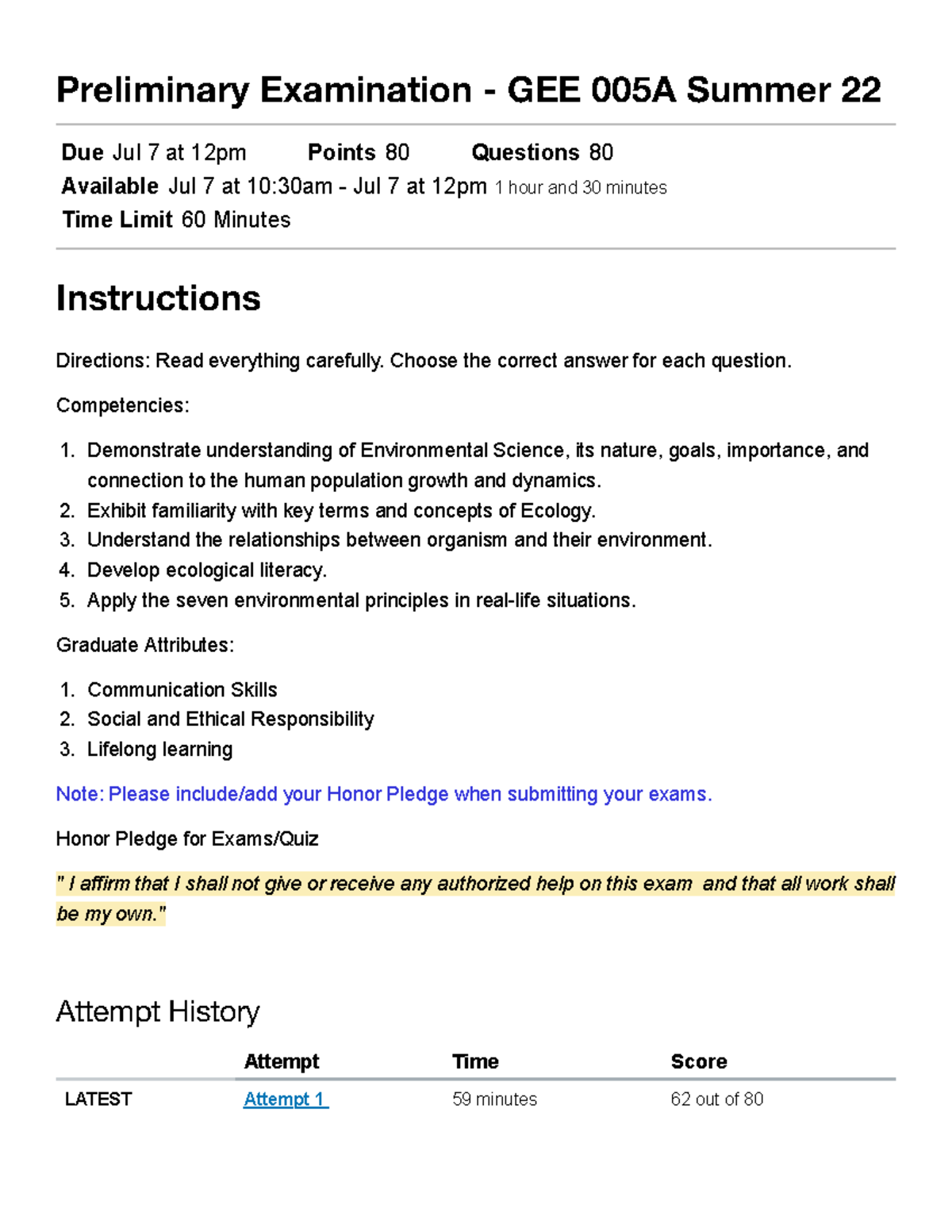 EXAM - ESE - Examination - Preliminary Examination - GEE 005A Summer 22 ...