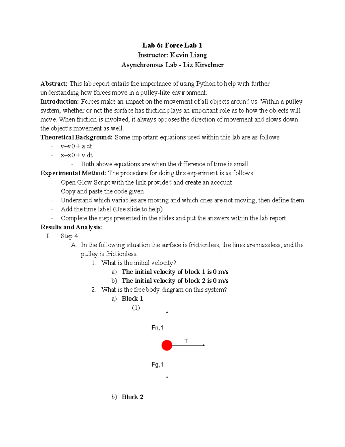 Phy 111 Lab 6 Lab Report Lab 6 Force Lab 1 Instructor Kevin Liang Asynchronous Lab Liz