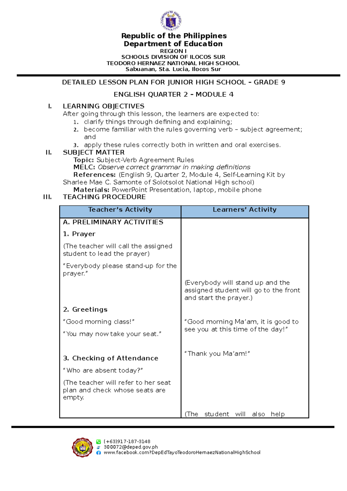 SV Agreement DLP-D2 - Daily Lesson Plan for Grade 9 - (+63)917-187 ...