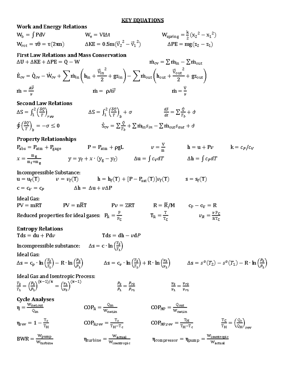 MMAE320 Final Equation Sheet - KEY EQUATIONS Work and Energy Relations ...