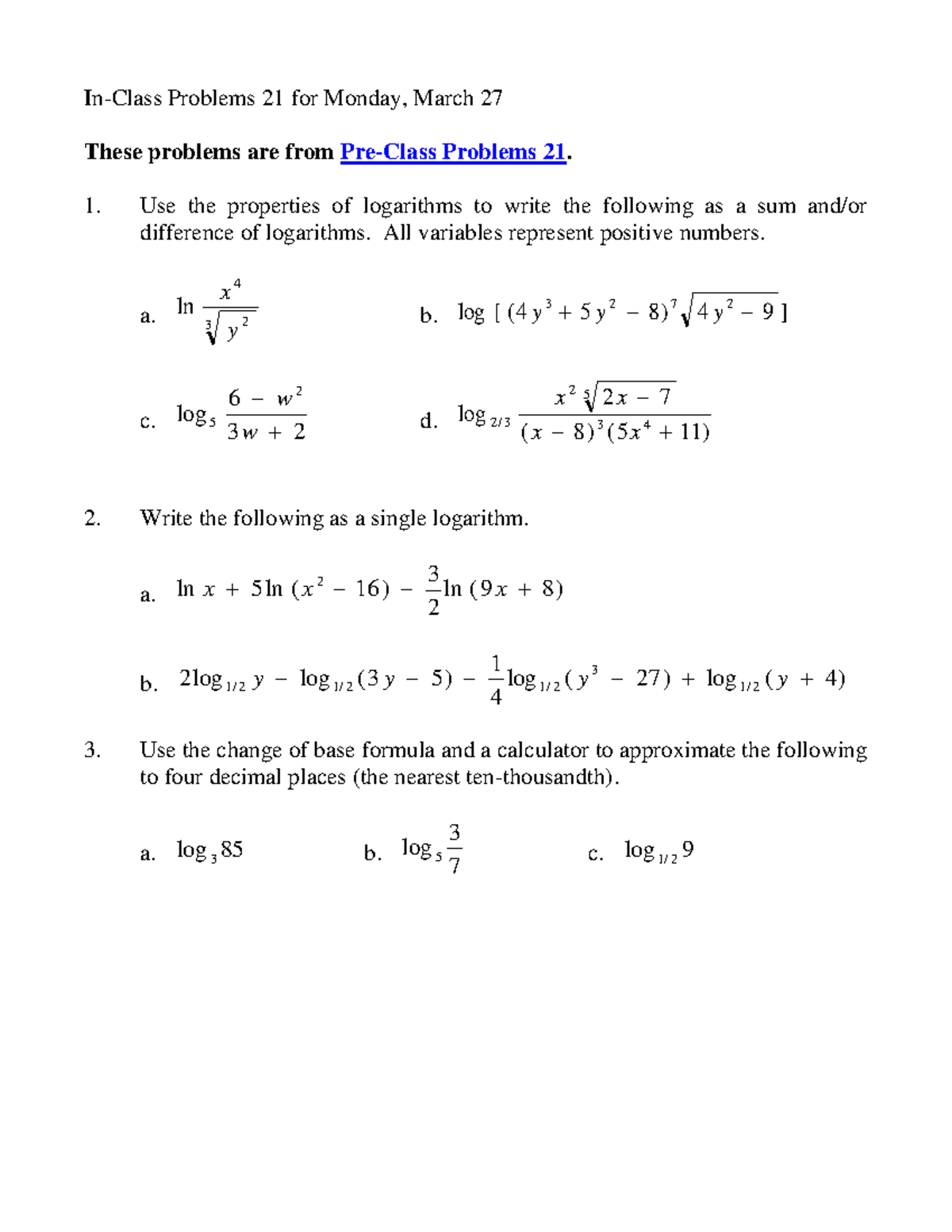 Problems 21MWF - In-Class Problems 21 for Monday, March 27 These ...