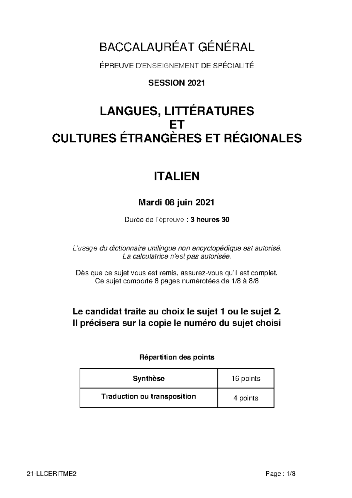 21-llceritme - Exercices d'Italien - BACCALAURÉAT GÉNÉRAL ÉPREUVE D ...