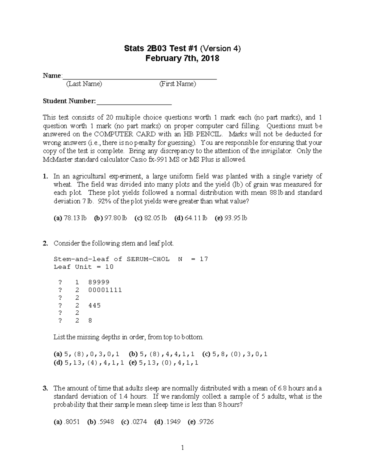 Test 1 16 March 2021, Questions And Answers - Stats 2B03 Test #1 ...