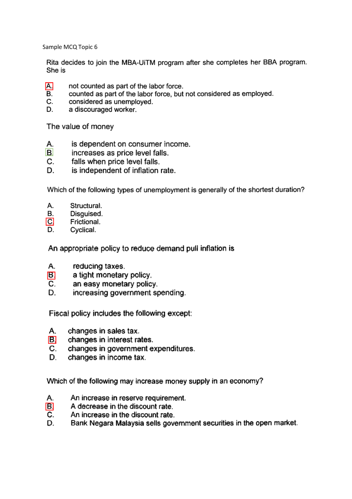 Sample MCQ Topic 6 - Fundamentals of Economics - Sample MCQ Topic CPI ...