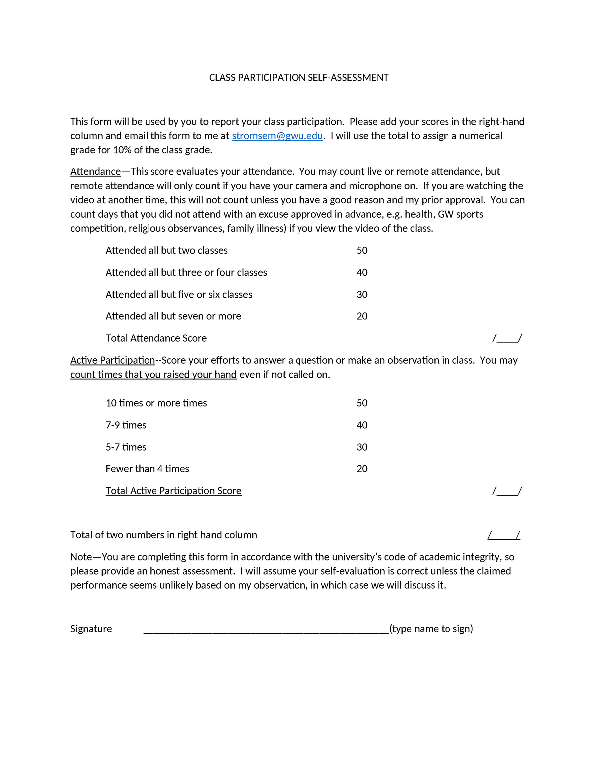 Class Participation Self-Evaluation - CLASS PARTICIPATION SELF ...